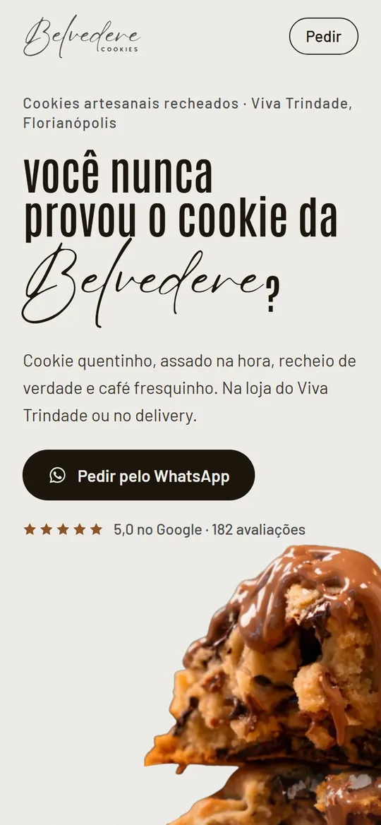 Página da Belvedere Cookies vista no celular