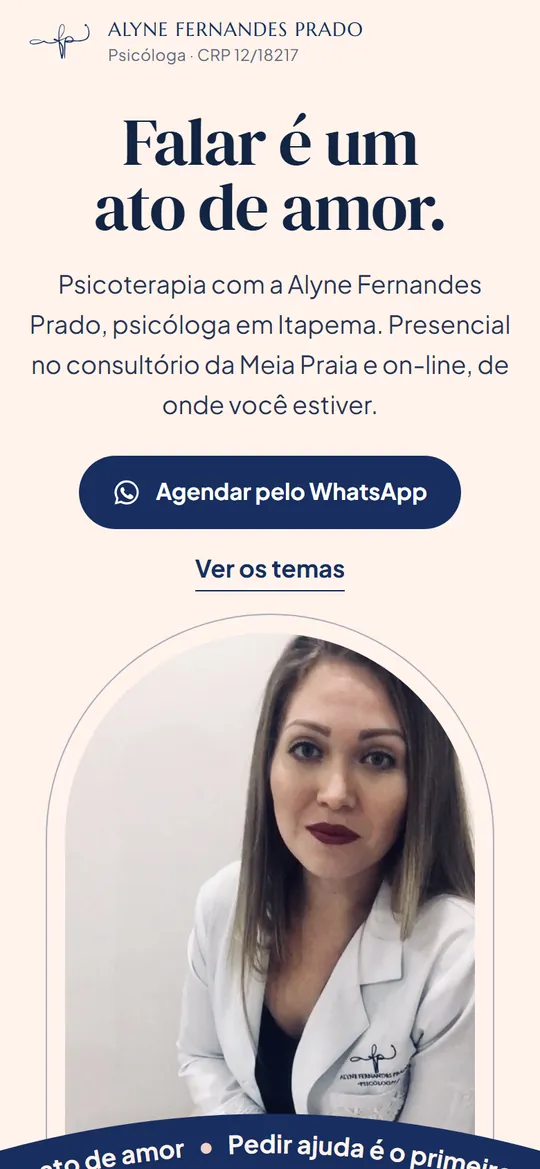 Site da psicóloga Alyne Fernandes Prado visto no celular