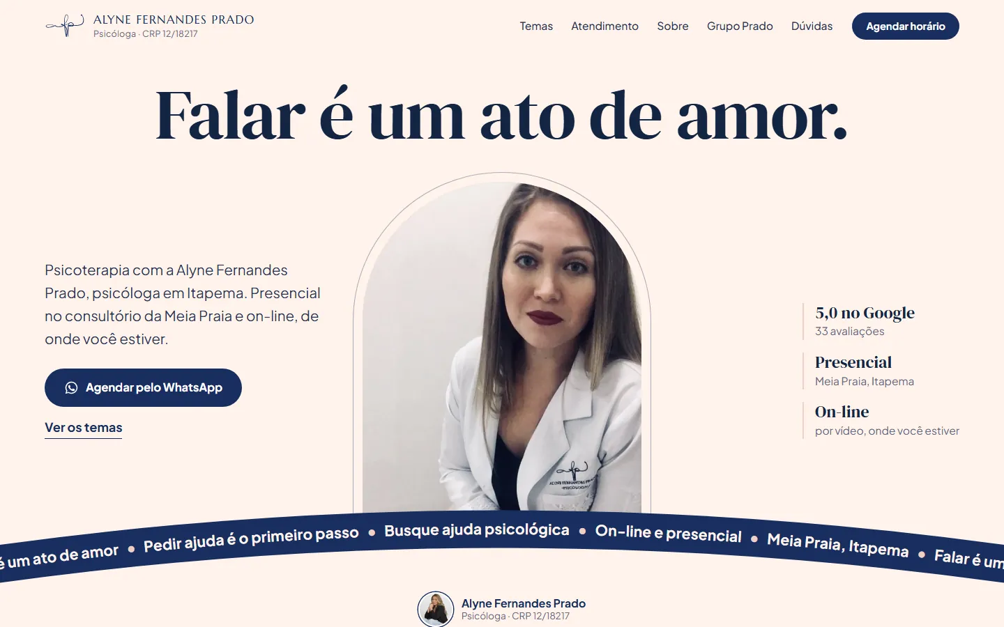 Site da psicóloga Alyne Fernandes Prado visto no computador